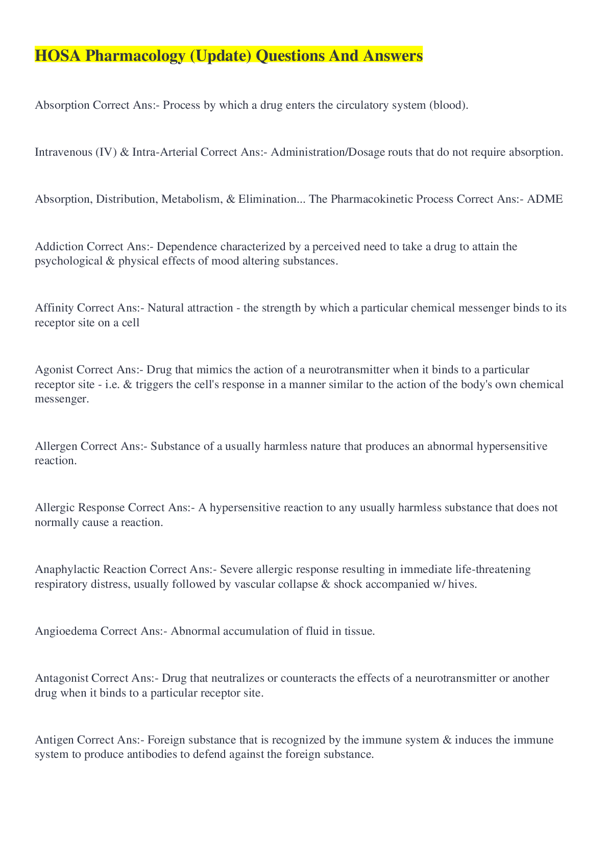 Preview image for HOSA Pharmacology (Update) Questions And Answers 100%